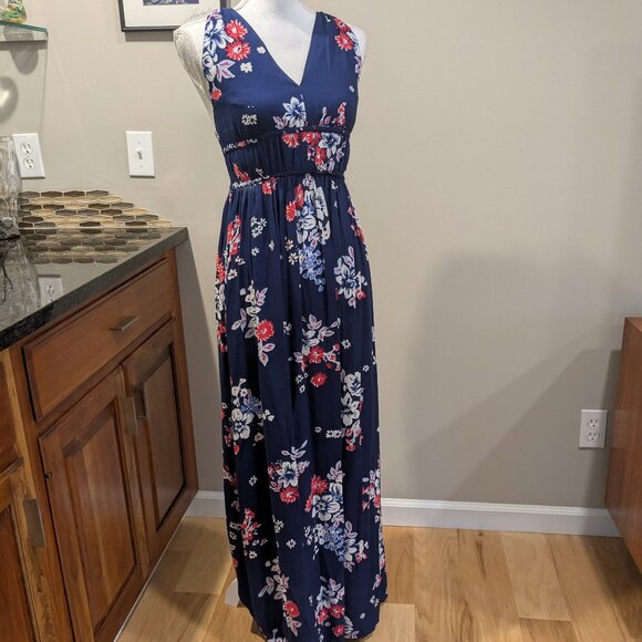 Japna Size Small Navy Floral Maxi Dress - V-Neck Smocked Waist & Button-Back - Picture 3 of 8